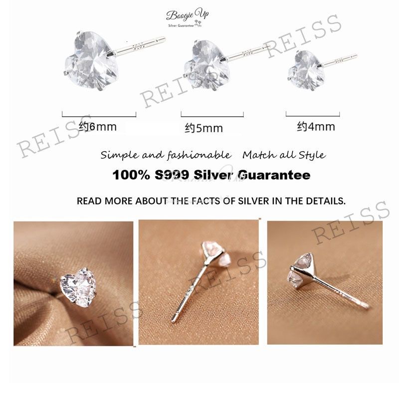 100% S999 Silver Earrings Berlian Hati Hypoallergenic kancing zirkon Anting Jarum Telinga Need Tongkat Dasar Sederhana Tindik Anting Helix  Harian Minimalis