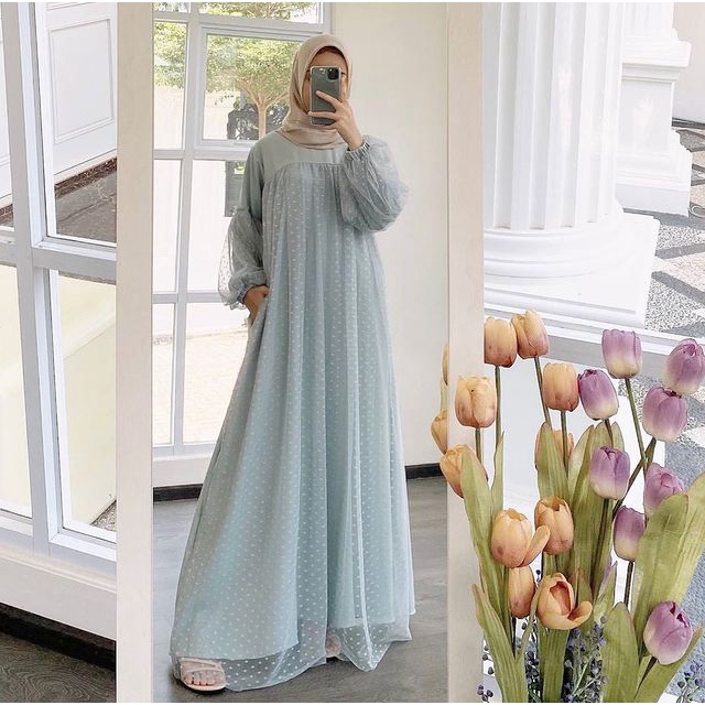 Hanabi Dress Kondangan Mewah Bahan Moscrepe mix Tulle Dot Ukuran M - XXL / Dress Pesta Kekinian / Dress Wanita Muslim Terlaris / Dress Remaja / Dress Pesta Murah