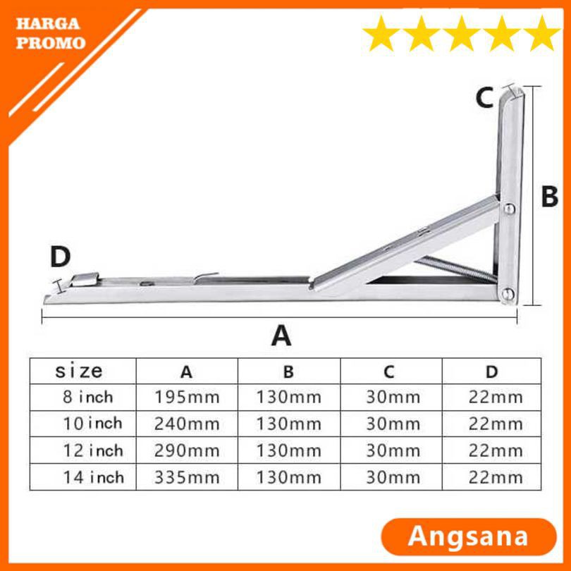 MPro Bracket Load 65kg engsel Siku Stainless 14 - 10 Inch 2 PCS Tempel meja lipat Dinding Keren jnp