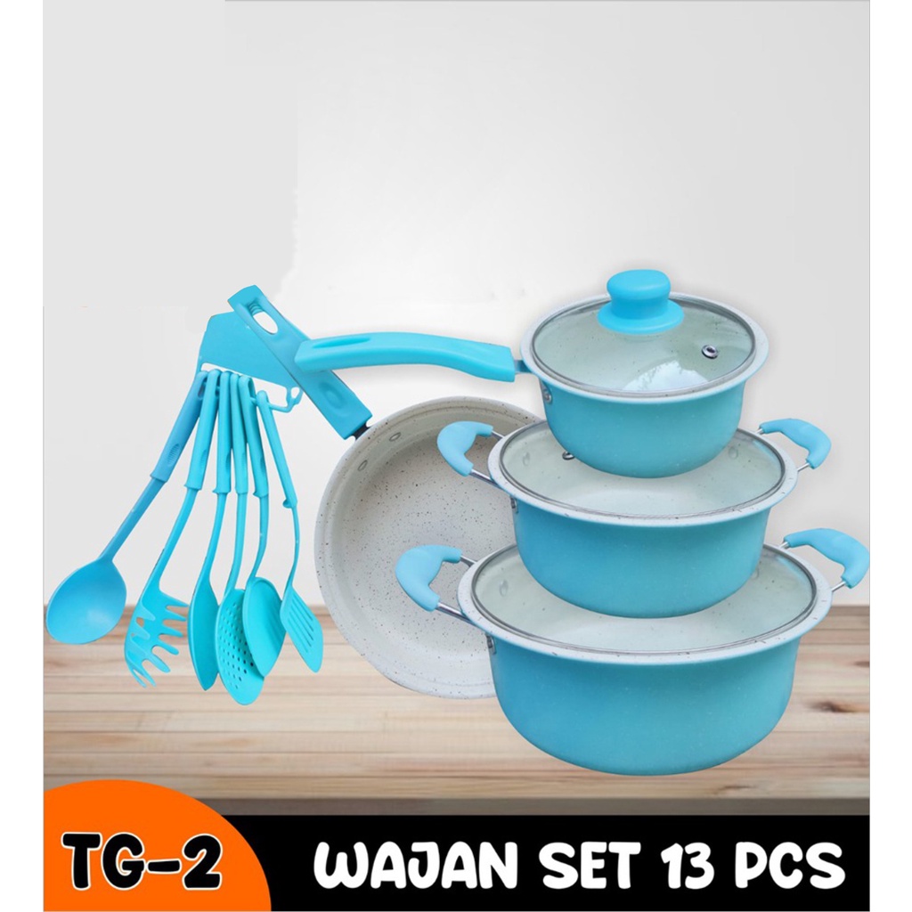 Panci Set Teflon Marble 13 Pcs Cookware Set Tutup Kaca TG-2 -WH