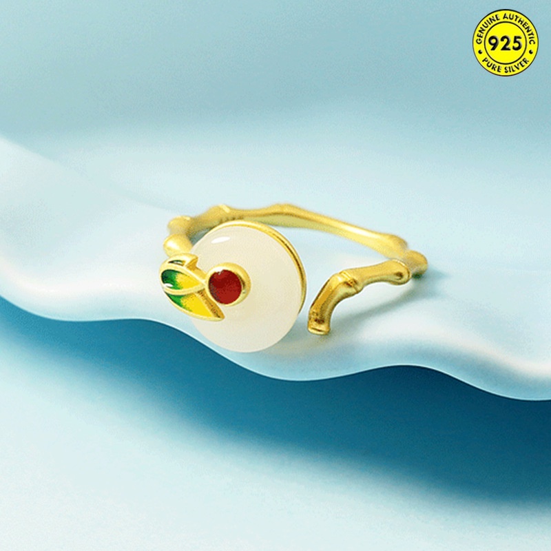 Hetian Jade White Jade Green Bamboo Ring Adjustable Ring Chinese Style Peace Buckle Ring