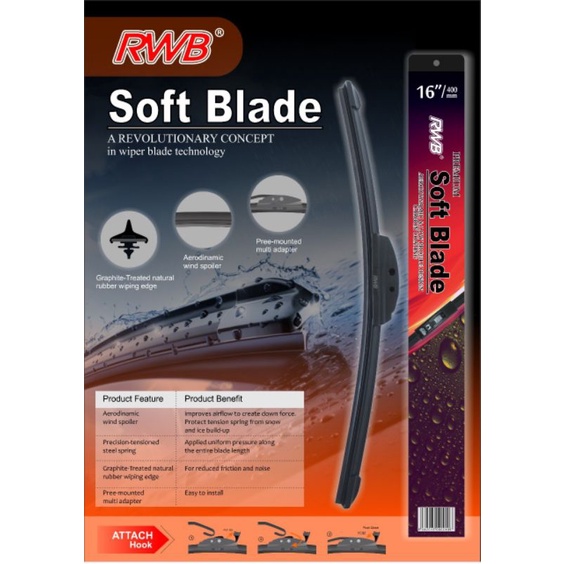 Wiper mobil type Soft Blade (harga per 1 pcs) merk RWB untuk KACA DEPAN.