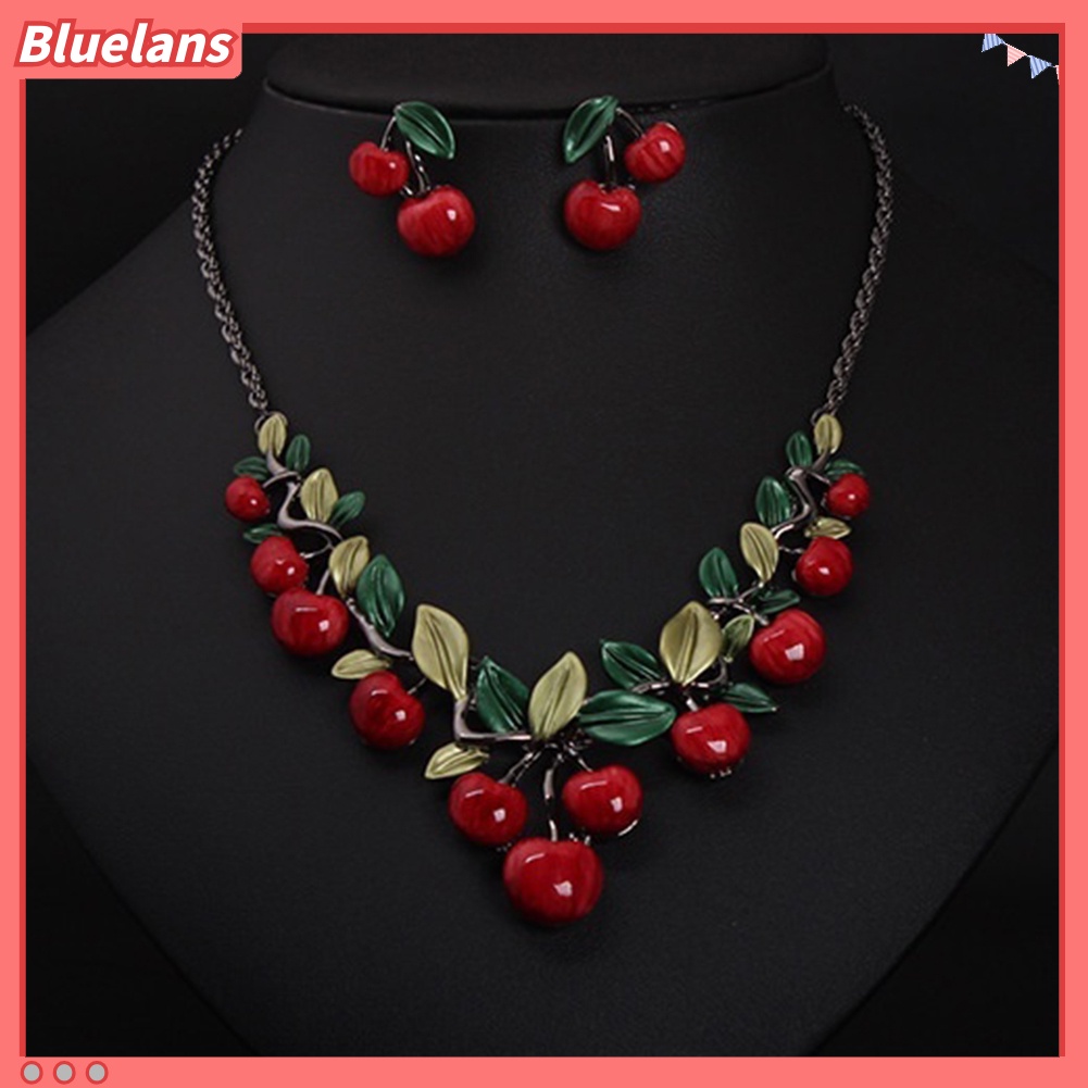 Bluelans 1 Set Vintage Red Cherry Fruit Jewelry Set Chic Bridal Necklace Earrings