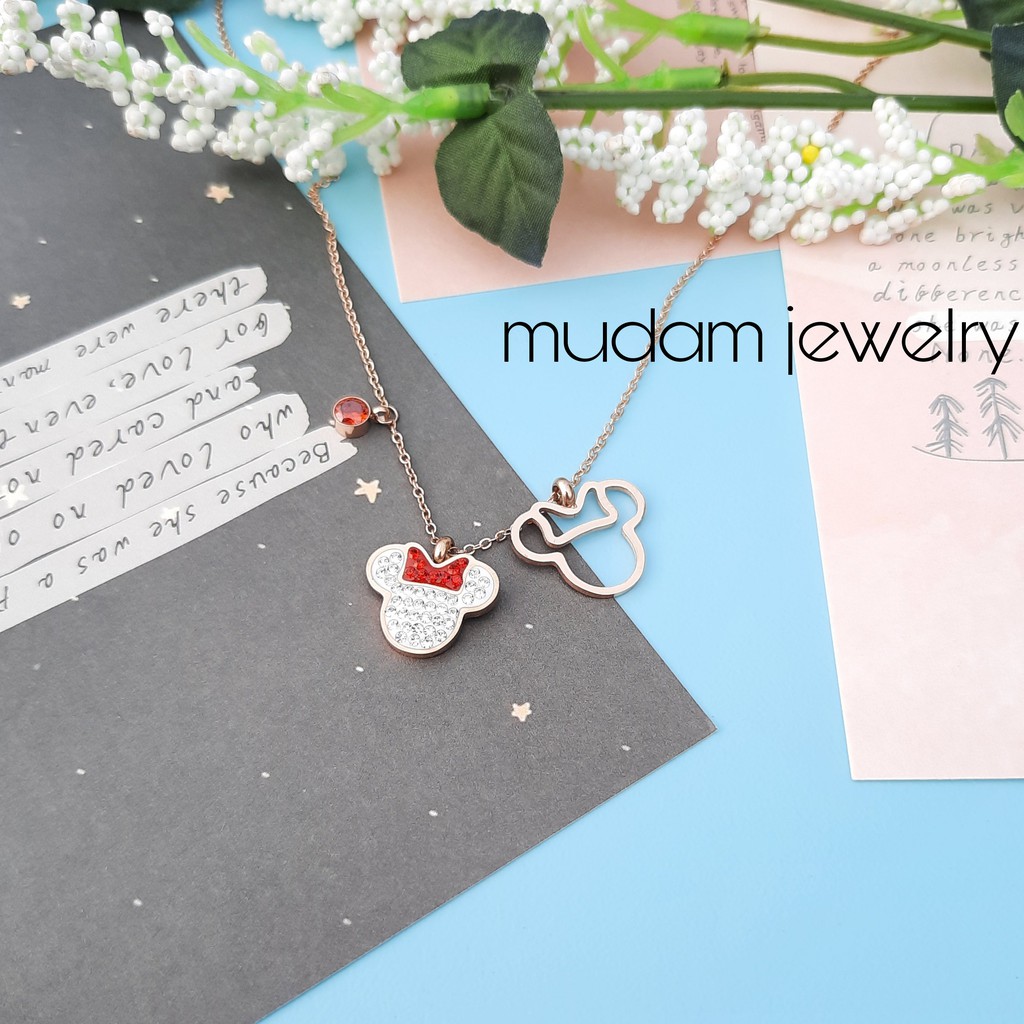 Kalung Titanium Desain Minnie Warna Rose Gold, Gold, dan Silver