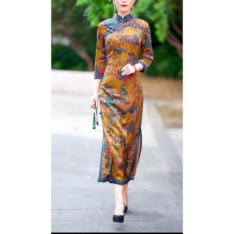 National style retro improved cheongsam dress women's 2021 autumn new middle-aged and elderly mother