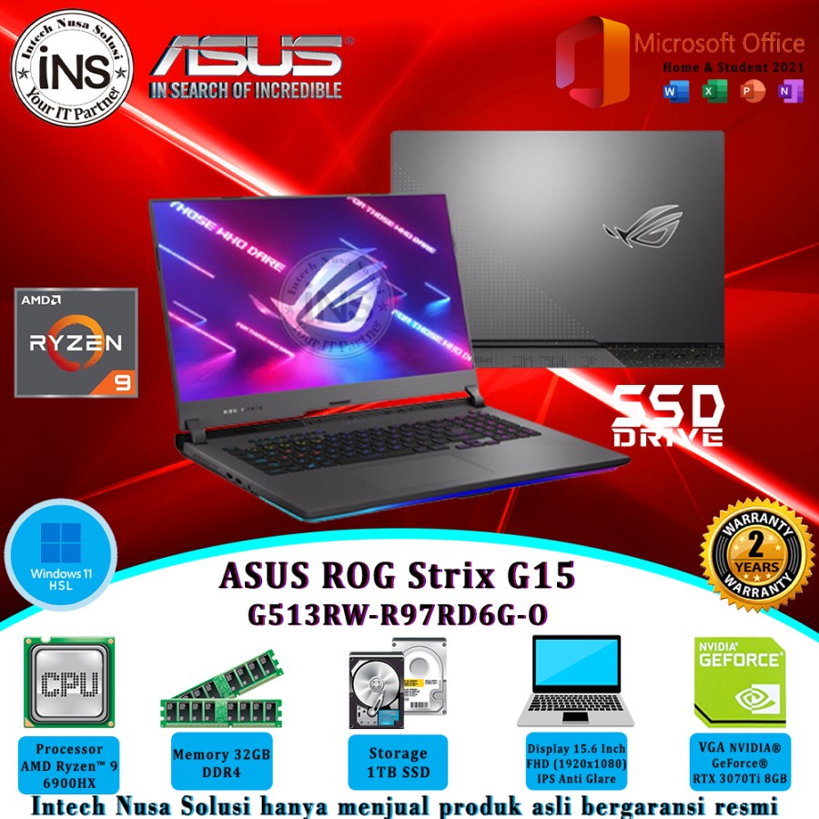 ASUS ROG Strix-G15 G513RW Ryzen 9 6900HX 32GB 1TB SSD VGA WIN11HSL OHS 21 2YR