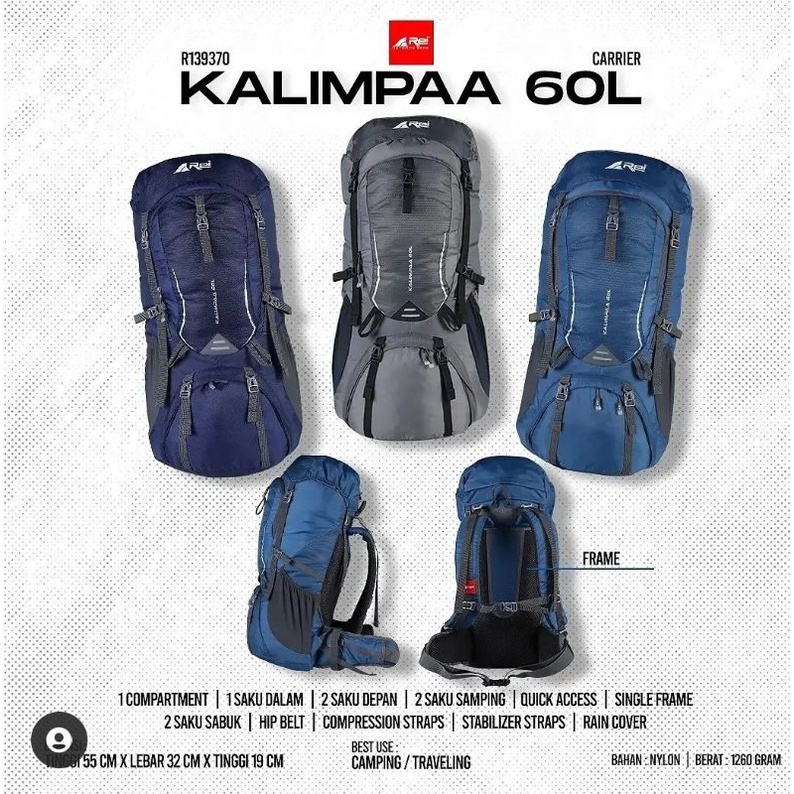 tas gunung carrier arei kalimpaa 60L include rain cover keril rei 60L original
