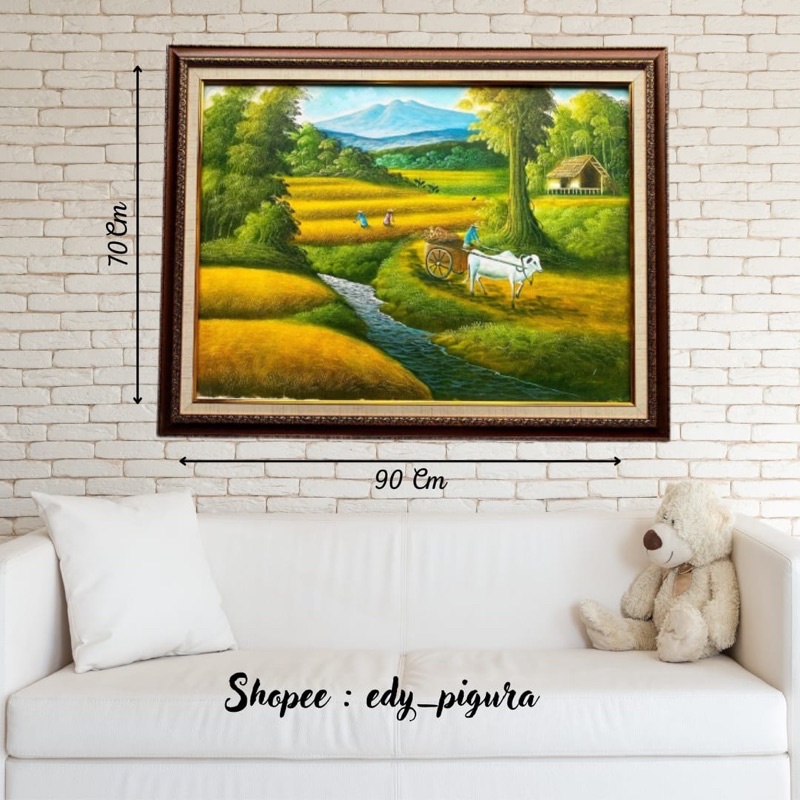 lukisan kanvas pemandangan sawah panen uk 68x88cm