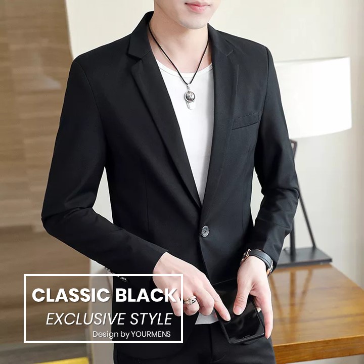 BLAZER HITAM FORMAL SUIT CLASSIC PRIA SLIMFIT KANCING 1 BAHAN HIGH TWIST PREMIUM ORIGINAL NIKAYU BISA COD (S,M,L,XL)