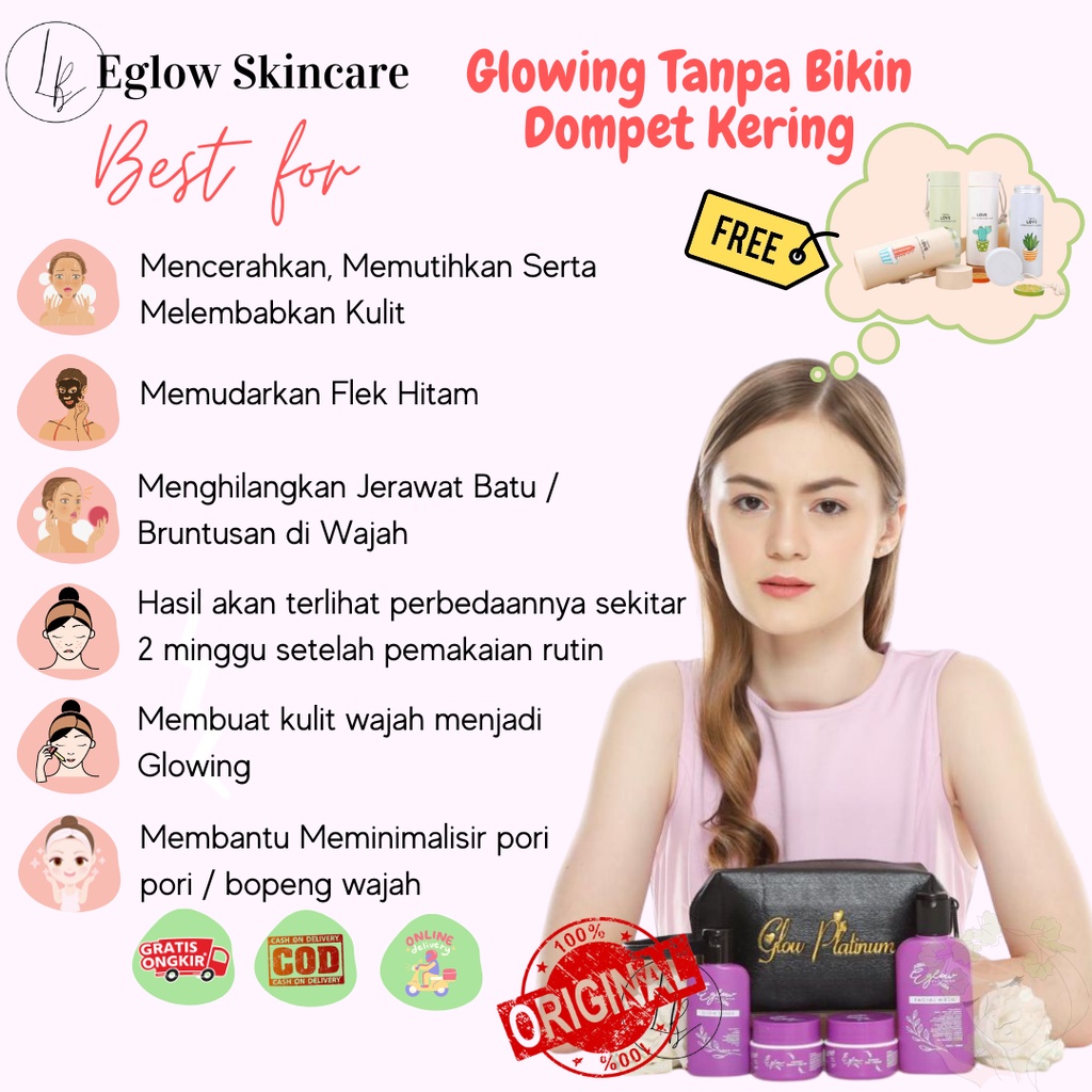 Eglow Platinum Skincare Cream Jerawat Bruntus Pemutih Pencerah Wajah Anti Aging Krim Flek Bpom Aman 