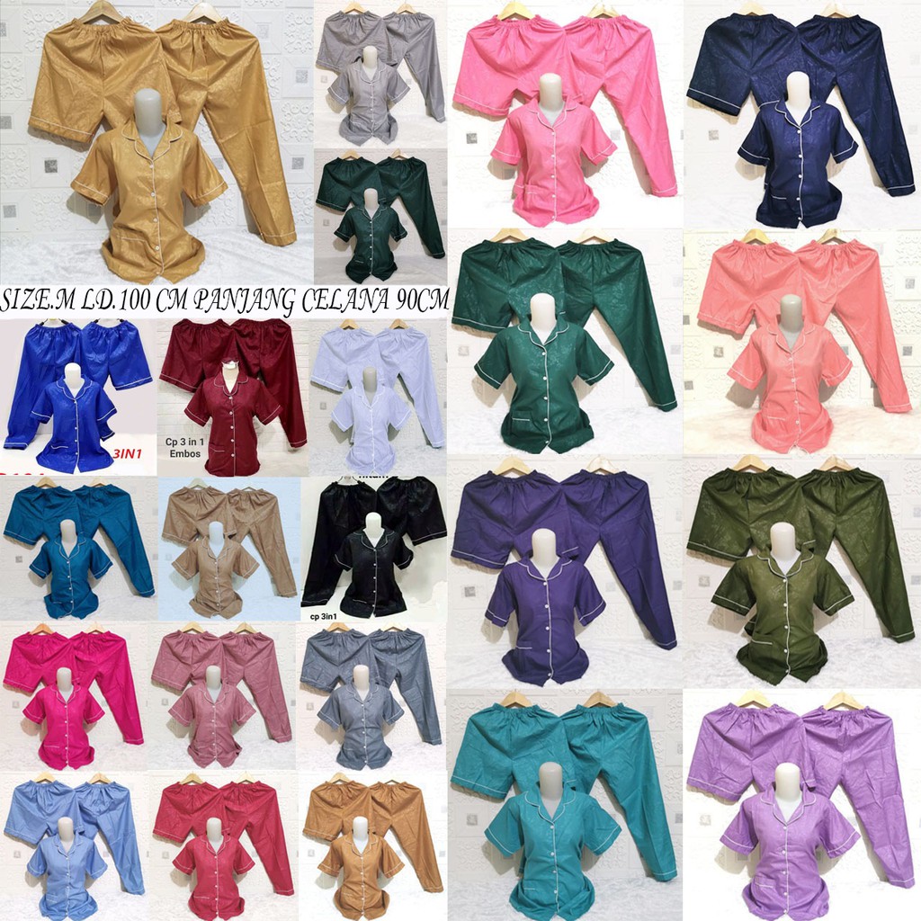 ISANNY PIYAMA SET 3IN1 SIZE M/SATIN EMBOS/BAJU TIDUR DEWASA/WARNA TERBANYAK/READY STOCK