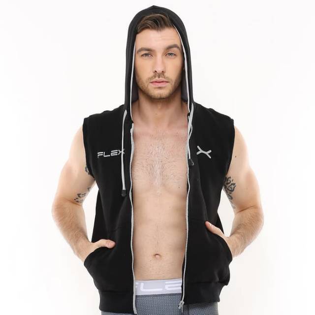 FJS-004HT Jaket sleeveless hoodie sport fitness FLEX hitam