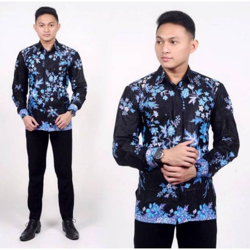 PROMO BATIK COUPLE KELUARGA SARIMBIT sania ruffle batik ori ndoro jowi motif CIBULAN BIRU-KEMEJA PANJANG