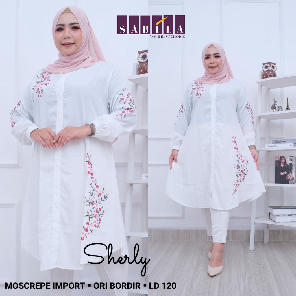 Atasan Long Tunik Putih Bordir Jumbo Moscrepe Premium Lengan Panjang Ld 120 Kekinian terbaru SHERLY