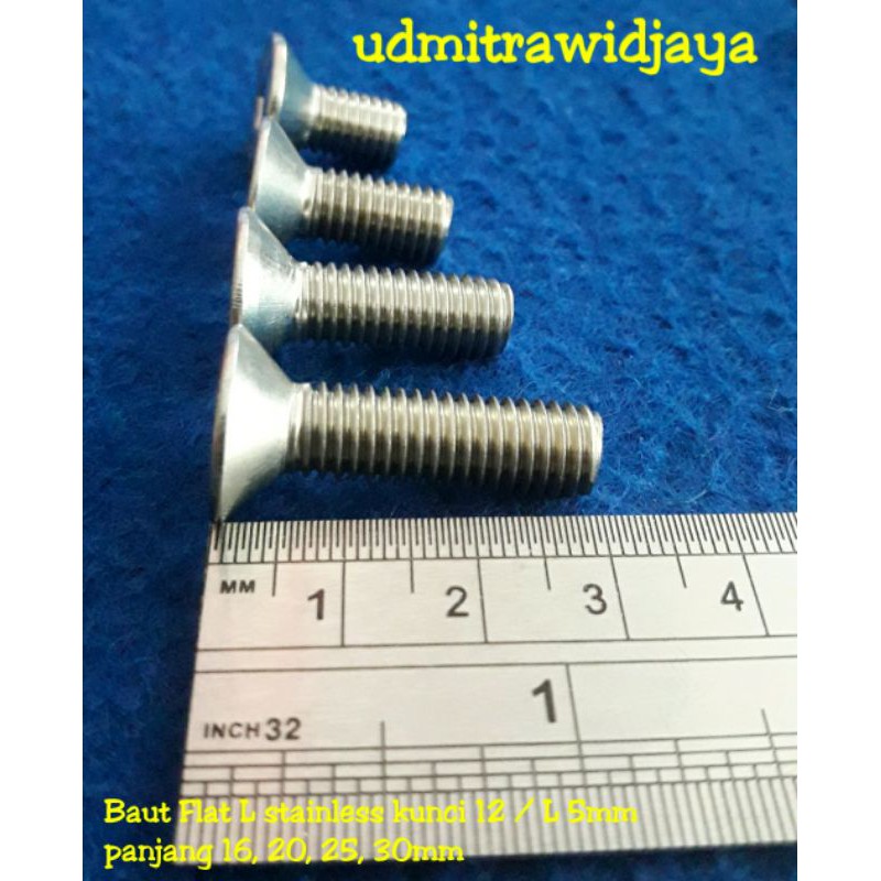 Baut Flat L baut countersink 8x16 tirus verseng L kunci 12/L 5mm panjang 16, 20, 25, 30, 40, 50mm stainless