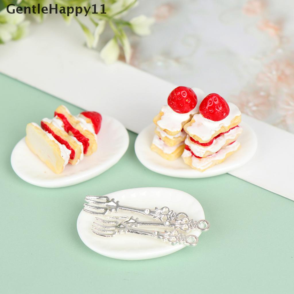 Gentlehappy 1 Set Mainan Miniatur Piring Kue Strawberry + Garpu Skala 1: 12 Untuk Dekorasi Dapur Rumah Boneka