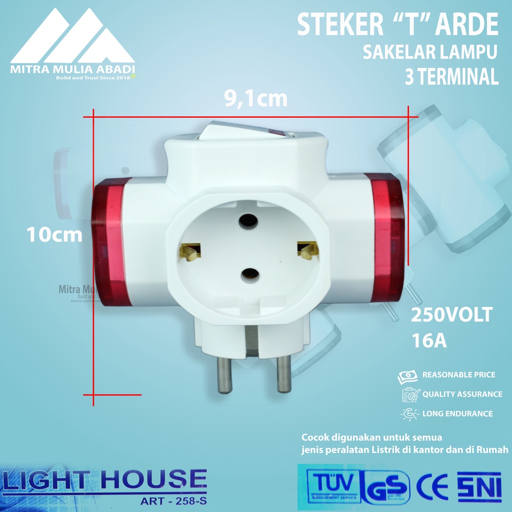STEKER T ARDE + SAKLAR adaptor 3 lubang- 250v 16a