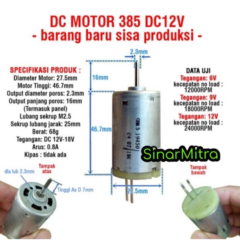 Motor Dinamo Kecil 385 DC 12V 15W AXIS AS 2.3 mm NO FAN