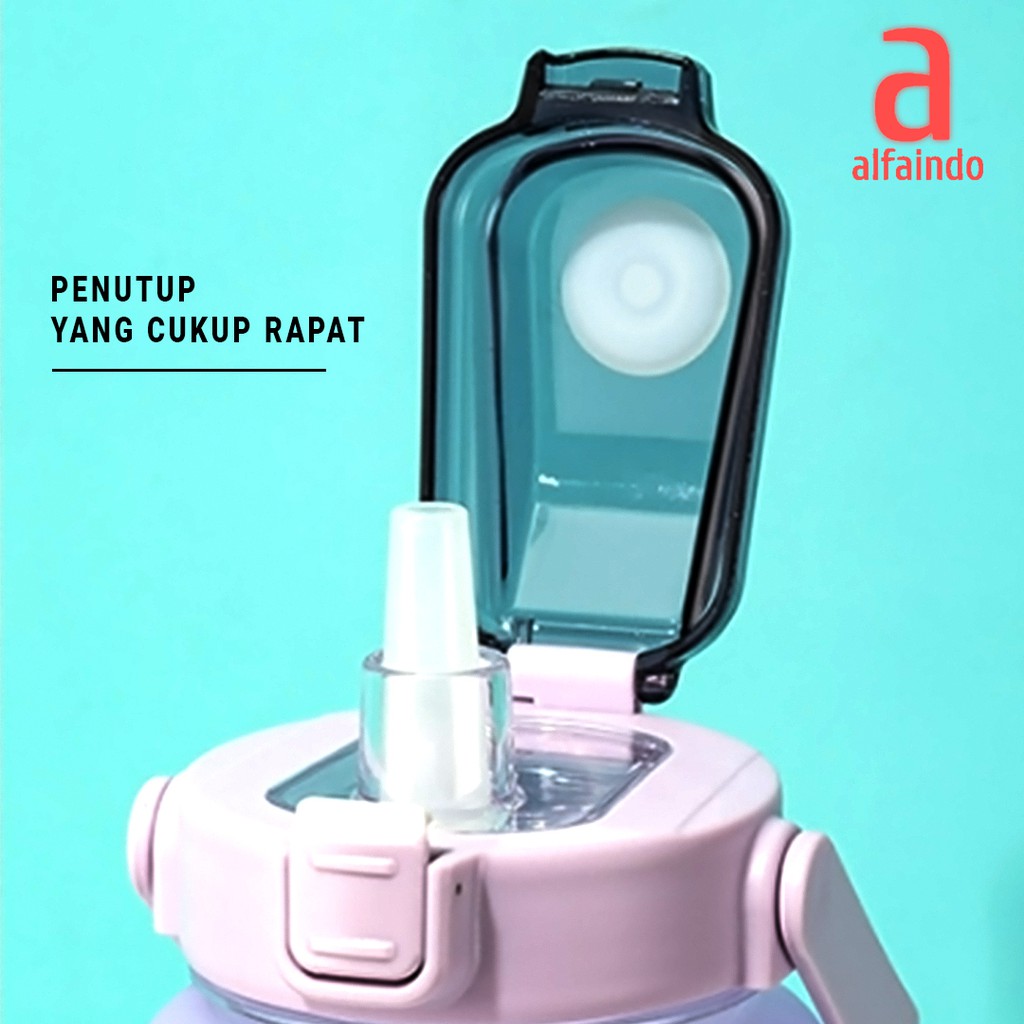 Alfaindo Botol Minum Motivasi dengan Penanda Waktu Kapasitas Besar Tutup Flip Sedotan - BP001