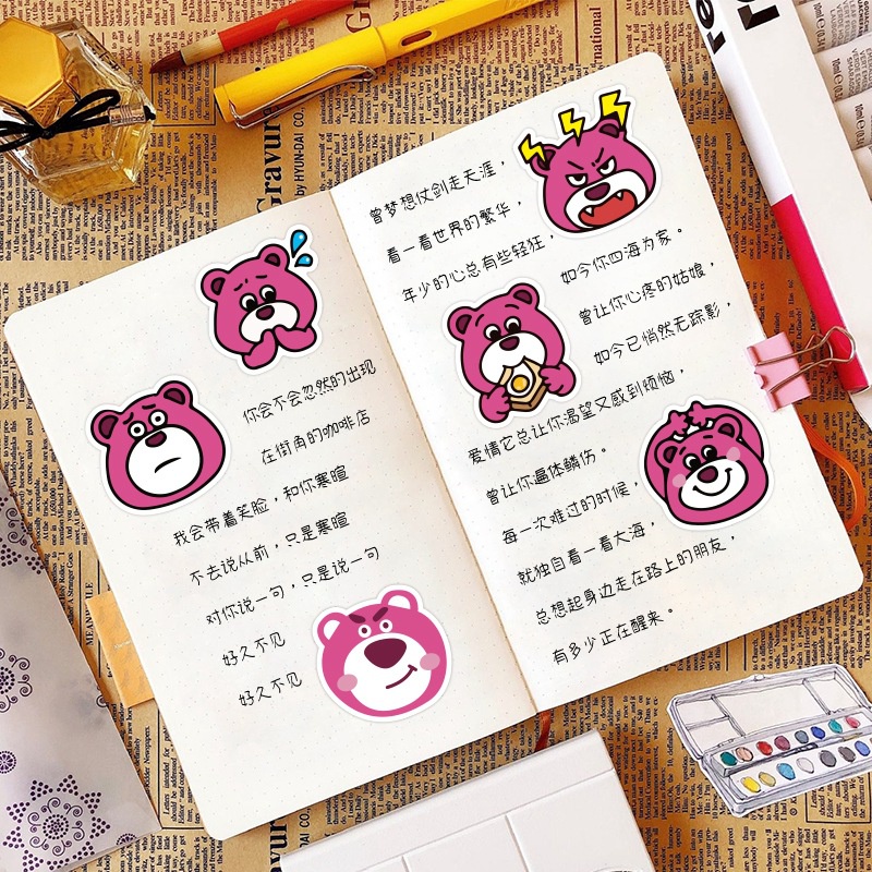 50 lucu pink strawberry stiker beruang kartun ekspresi cangkir termos stiker bagasi tangan Buku stik