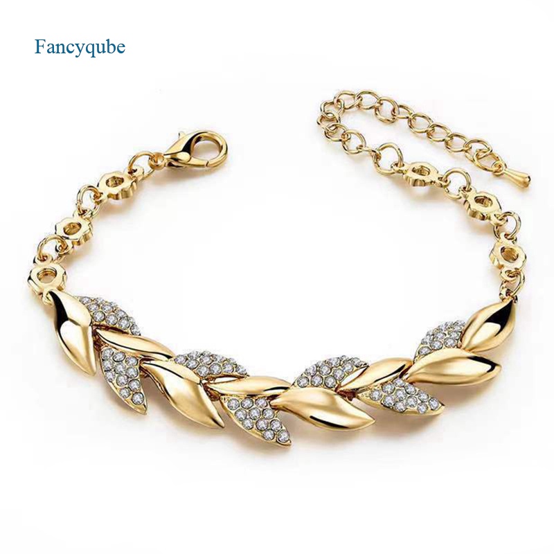 Fancyqube Fancycube Gelang Tangan Sterling Silver 925 Lapis Emas 18k Desain Daun Hias Kristal Untuk Wanita