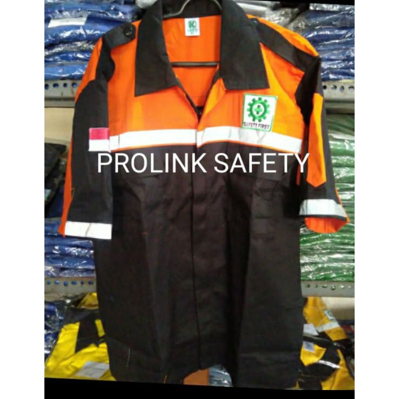 SERAGAM SAFETY DONGKER ORANYE LENGAN PENDEK RESLETING FREE LOGO K3 BENDERA