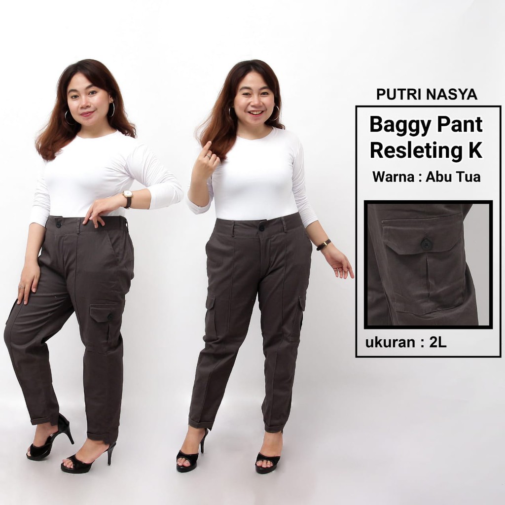 Celana Baggy Pant K Super Jumbo XXL, 4L, 5L, 6L, 8L Chino Stret Resleting Cream Moca Capucino Hitam / Celana Kerja Wanita Jumbo / Celana Kantor Big Size Wanita / Celana Karet Katun Kekinian / Celana Bahan Formal Seragam Wanita Super Big