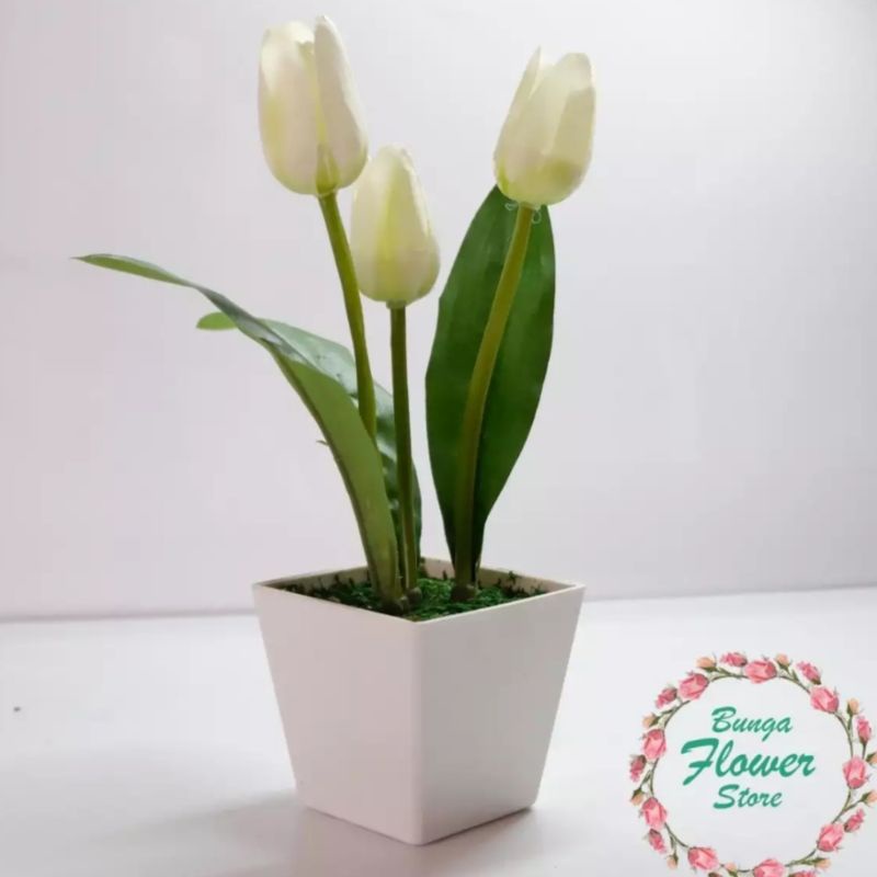[ PROMO TERMURAH ] Bunga Tulip Termasuk Pot Melamin Kotak - Dekorasi Ruang Tamu - Bunga Plastik Import Grosir murah