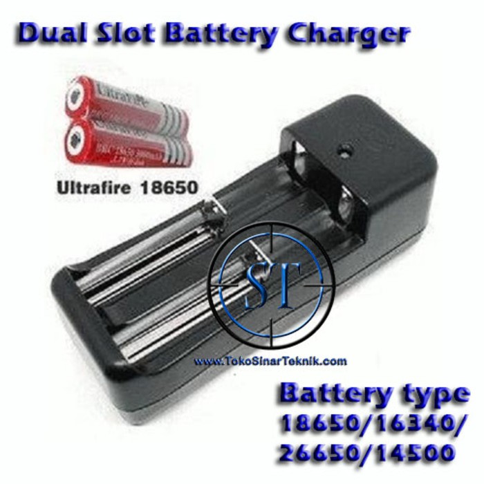 Charger 2 Dual Slot Batere Batrai Baterai 18650 16340 26650 14500 Cash Baterai Senter SWAT Police isi 2 Slot