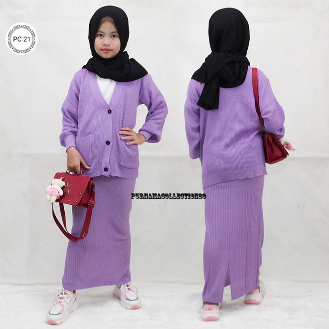 Setelan Cardigan Anak Perempuan Bahan Rajut Tebal Usia 3 - 11 Tahun