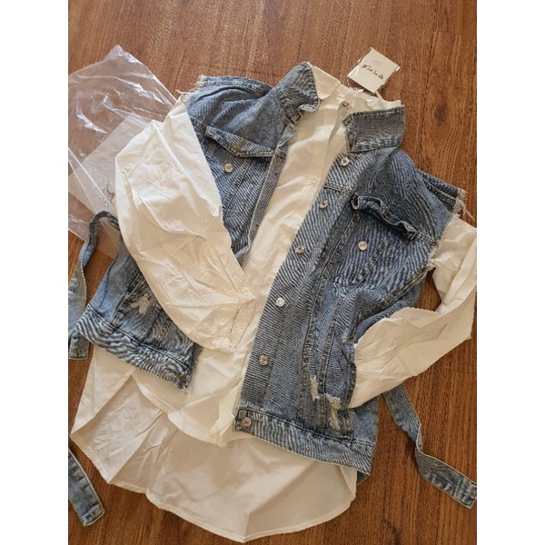 1set setelan kemeja vest import wanita dewasa oversize atasan jeans denim premium