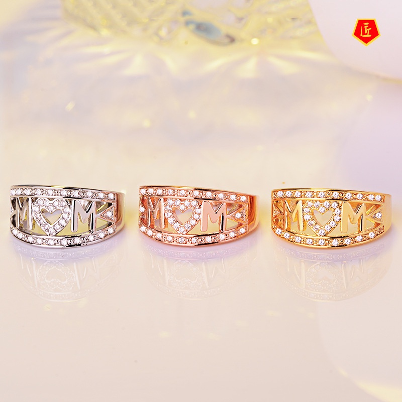[Ready Stock]Platinum Diamond-Embedded MOM Heart-Shaped Ring Female