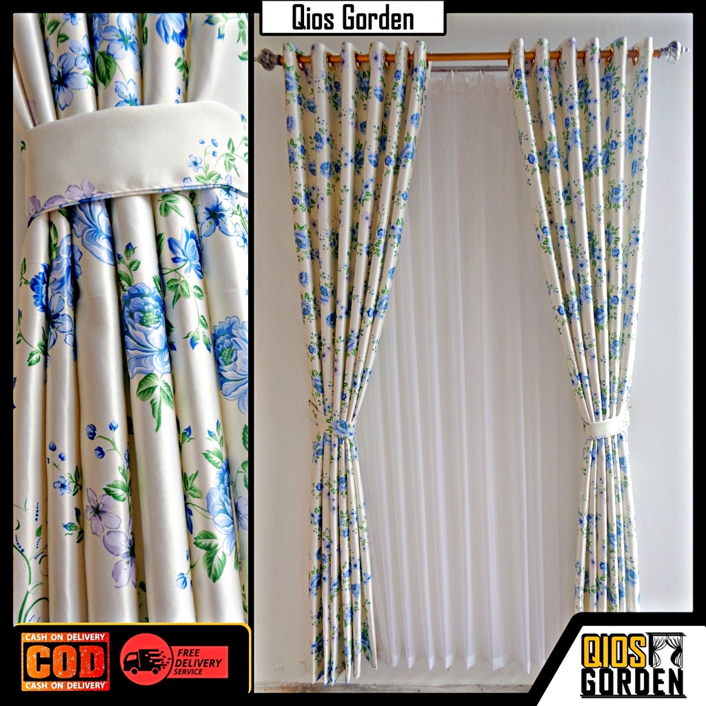 Gorden Jendela Rumah Motif Bunga Sakura Model Smokering Kain Blackout Import Tebal