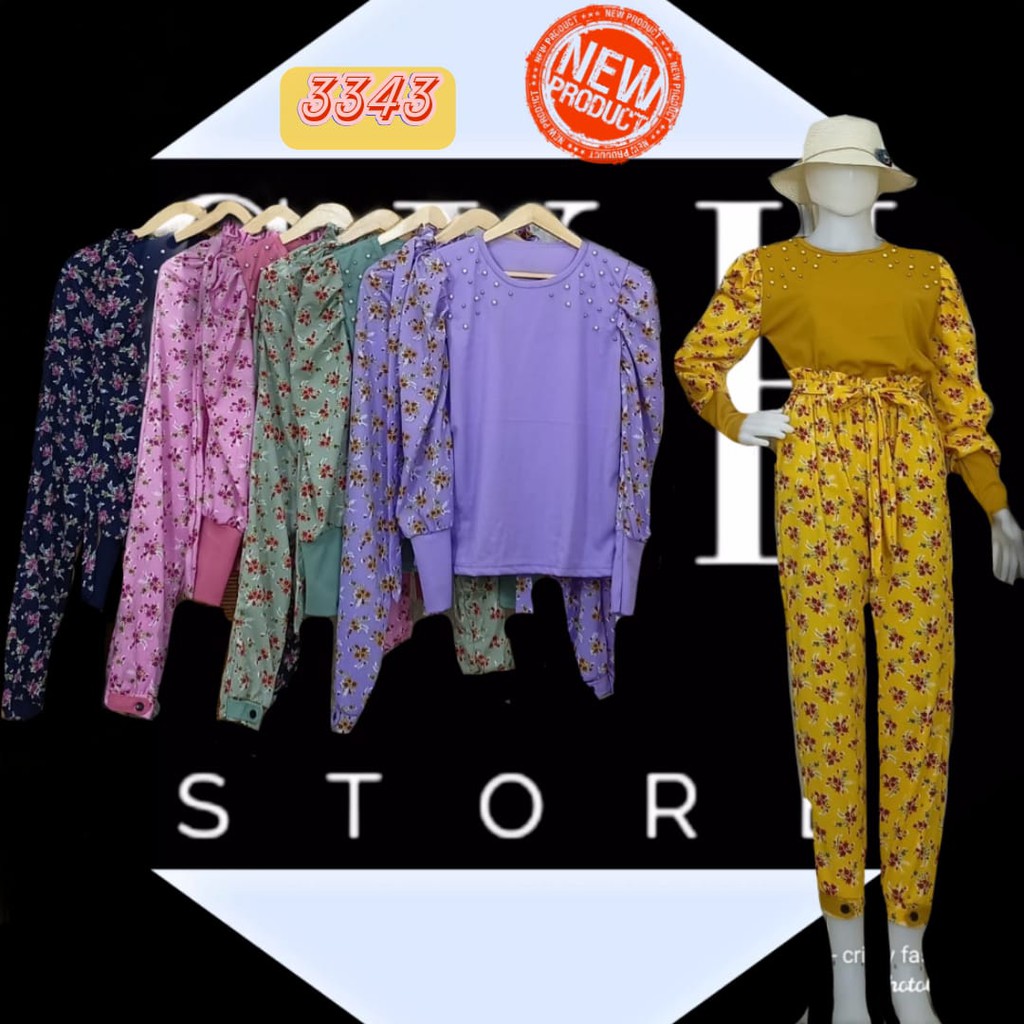 SETELAN CELANA MUTIARA BAHAN VOXY BUNGA[3343][COD][BUSANA MUSLIM]