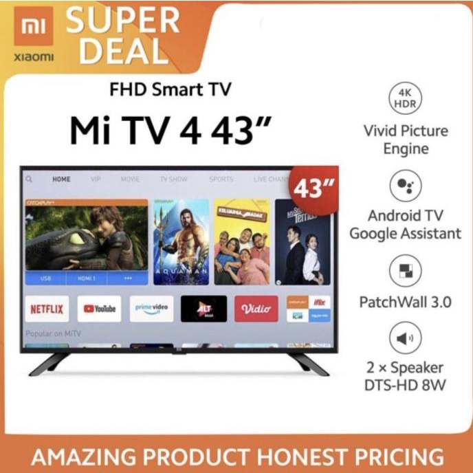 XIAOMI MI TV 43 INCH ANDROID - MI TV4 43INCH - GARANSI RESMI - HITAM Termurah