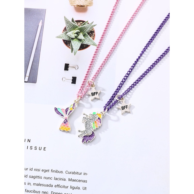 2pcs / Set Kalung Rantai Liontin Unicorn Mermaid Untuk Sahabat