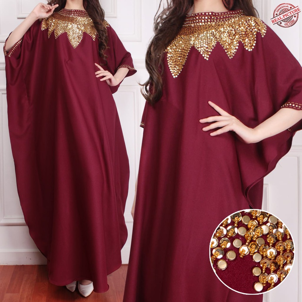 HOPYLOVY - Dress Wanita Model Kaftan Kombinasi Manik Matahari bahan Wollcrepe