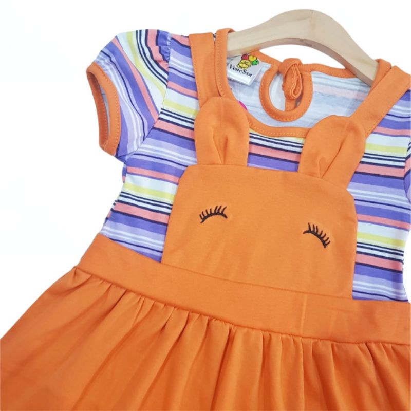 DRESS FASHION ANAK PEREMPUAN 1 TAHUN MOTIF SALUR MEREM PINK FANTA PEACH