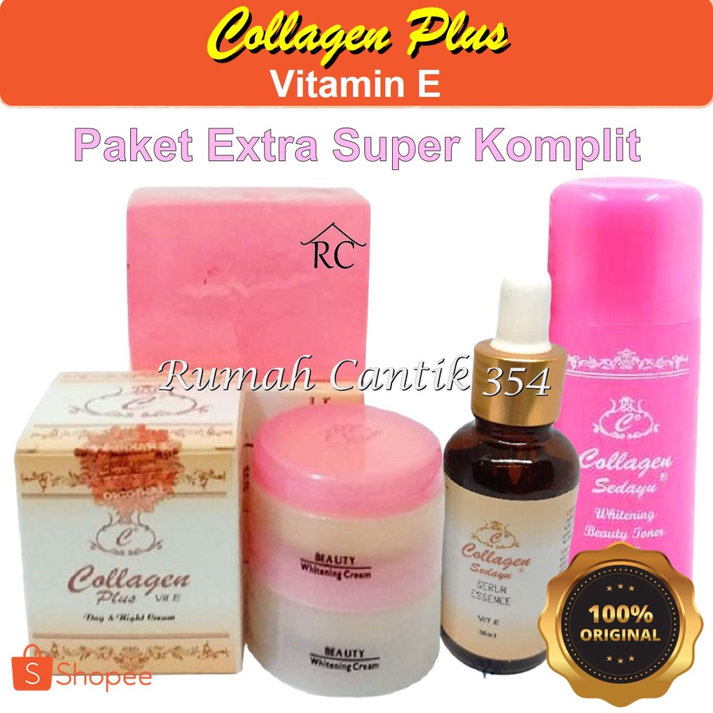 Paket Extra Super Komplit Collagen Day Night Cream Sabun &amp; Toner Wajah Serum Essence Rumah Cantik 354 Paket Lengkap 5 in 1 Perawatan Wajah