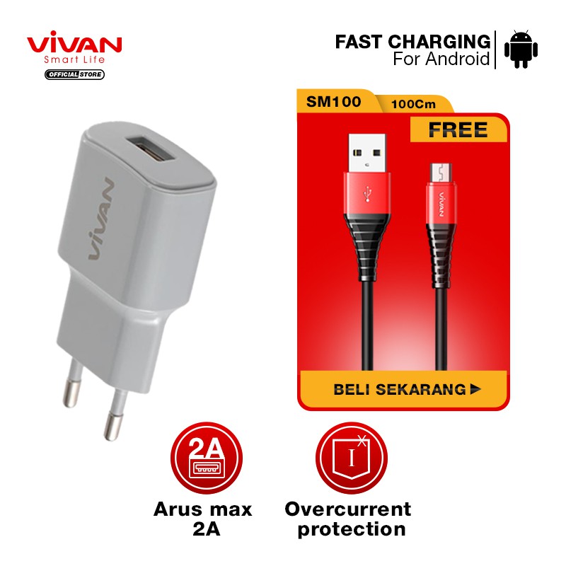 Charger Casan VIVAN Original Fast USB Charging 2.0 (Power Oval) FREE Kabel Micro USB