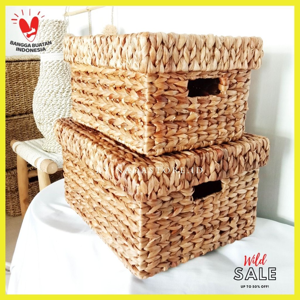 Natural Woven Hyacinth Storage Organizer Basket With Cover / box tutup / keranjang anyaman enceng