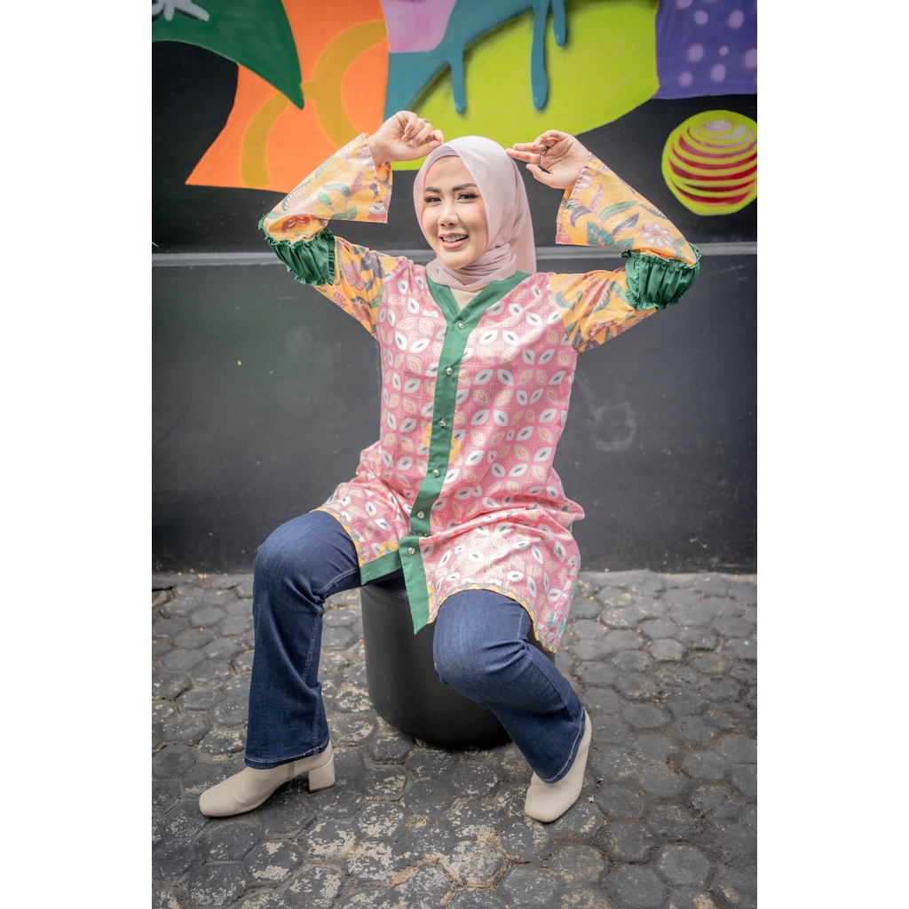 ATASAN TUNIK KATUN BATIK PINK LIST HIJAU
