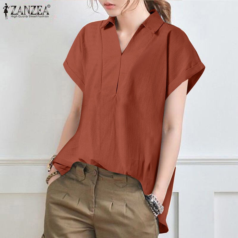 ZANZEA Women Summer Short Sleeve Plus Size Cotton Blouse Solid Color Shirts