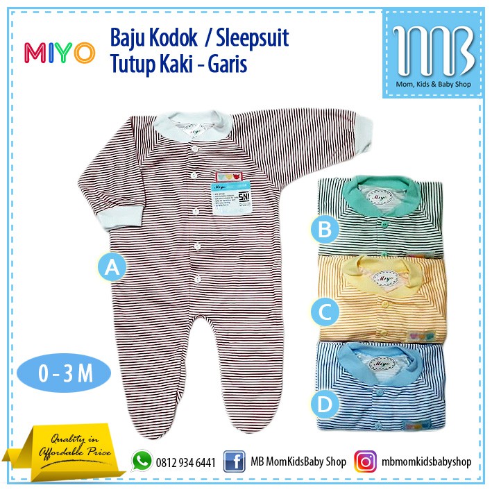  Baju  Kodok  MIYO Tutup Kaki Motif Garis Sleepsuit 