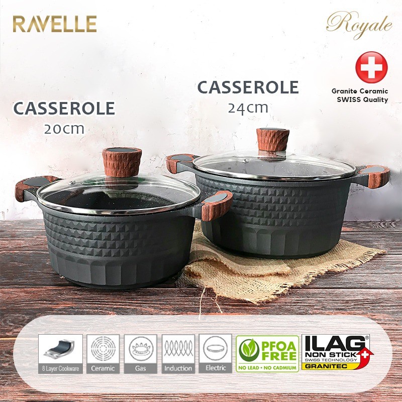 RAVELLE ROYALE Casserole with Lid 20 Cm/24 Cm Panci Dengan Tutup Kaca