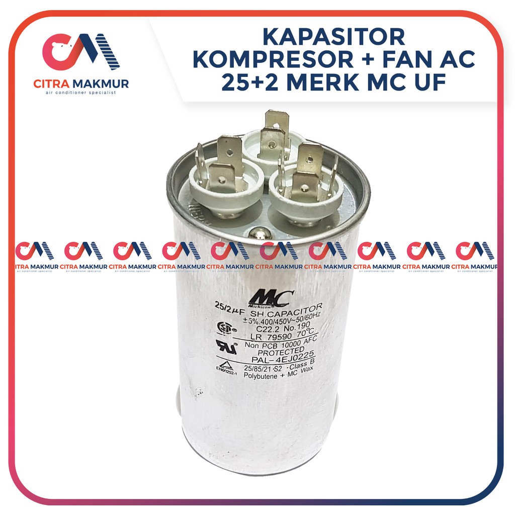 Kapasitor AC Double 25 + 2 uF MC Capasitor Air Conditioner Kompresor Kipas Mesin Dobel Aluminium