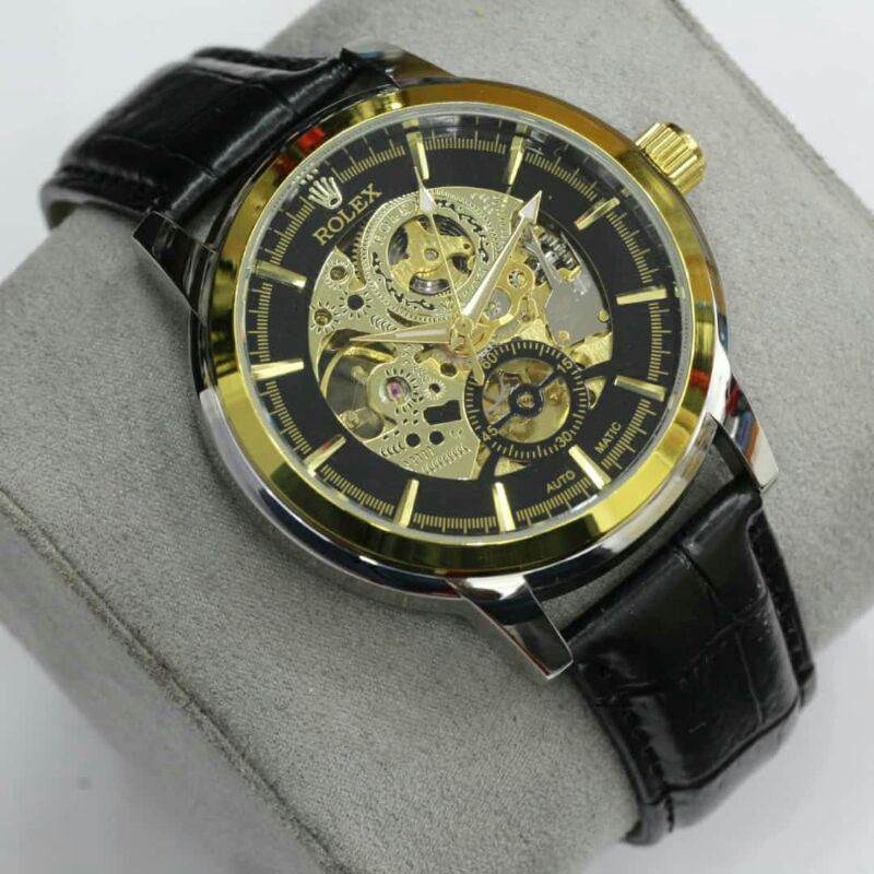 [ COD ] JAM TANGAN ROLEX PRIA SKELETON OTOMATIS LEATHER STRAP FREE BOX KAYU