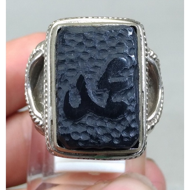 Cincin Batu Akik Giok Hitam Asli Lafasz Arab Muhammad