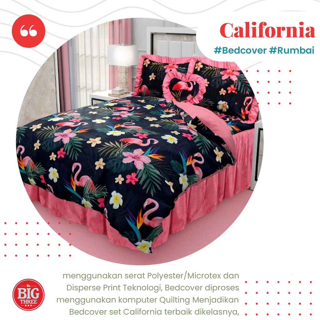 BEDCOVER SET CALIFORNIA KING 180 X 200, 160x200  Motif Pink Flamingo Malta Cosmo Rein Tory Aira Clara Diana Greenchy Kania Kiela Meow Naura Ola Dario Glen Olive Chiara Bianca Lynn Fiorello Marino Ginny Polka Royal Terino Vicenzo Metrico BC MURAH SURABAYA