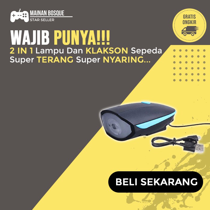 Lampu Dan Bel Klakson Sepeda Elektrik Rechargeable Anti Hujan Bunyi Kencang Nyaring Lampu Terang